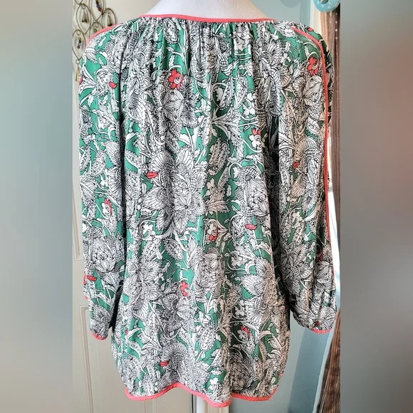 Boden Paisley Floral Peasant Blouse Women's 14 Green Coral Flowy Boho Baggy EUC - Picture 3 of 5
